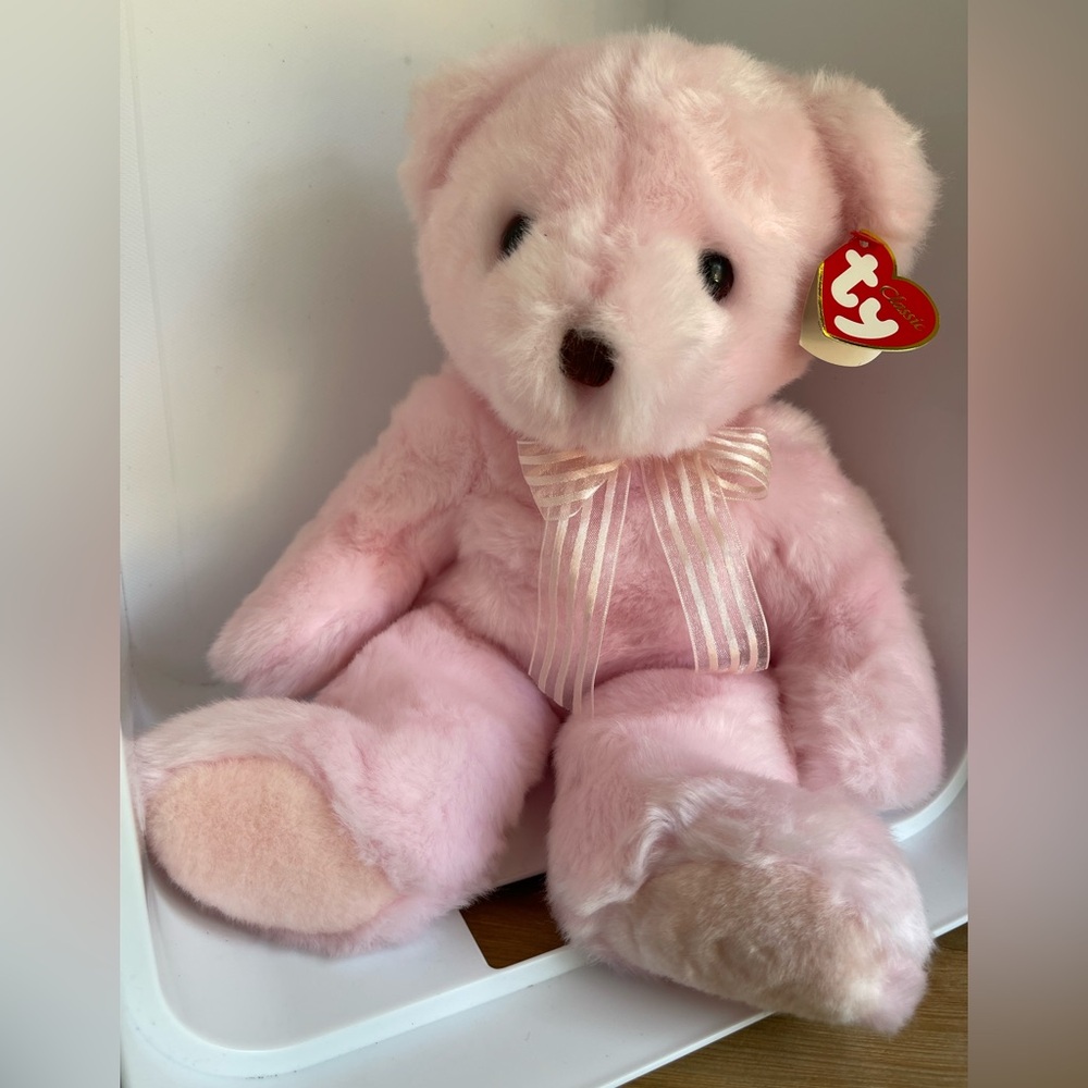 TY Classic Plush Pink Teddy Bear ROSETTE